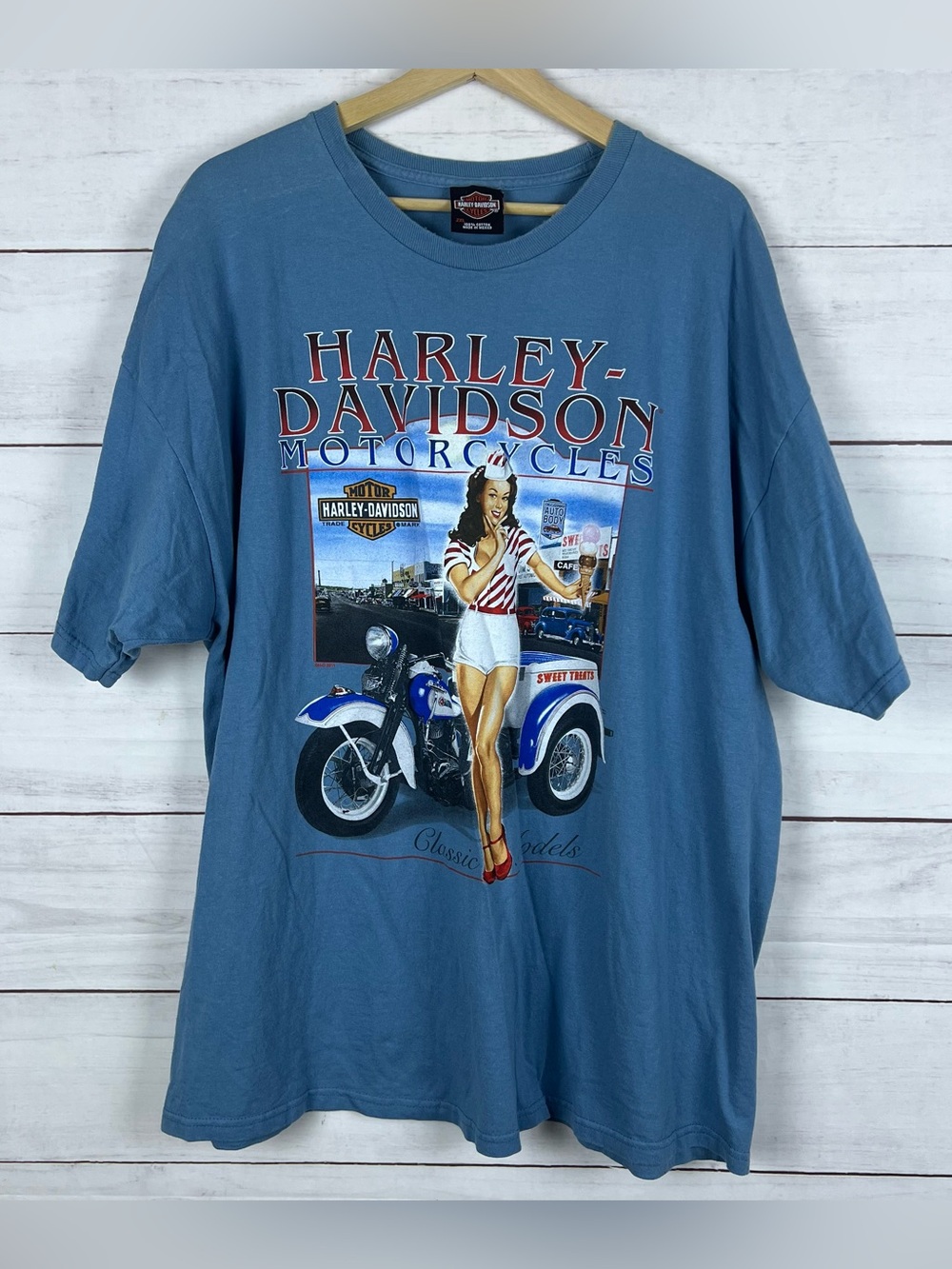 Harley Davidson Blue T-Shirt 2XL Mens Waitress Pinup Girl Huntsville Alabama